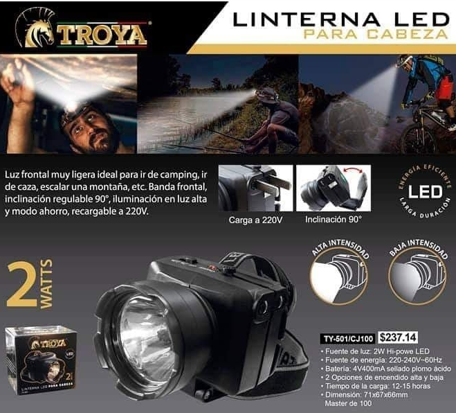 LINTERNA FRONTAL 3W ALTA/BAJA RECARGABLE TROYA